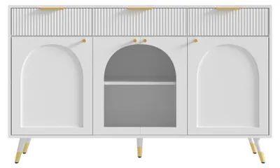 Imagen del producto de Buffet blanco con textura y vitrina, que cuenta con 4 puertas y 3 cajones