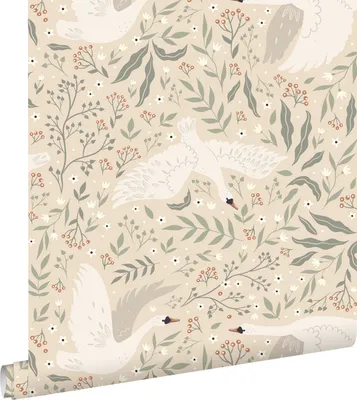 Produktbild von ESTAhome Tapete Schwäne Beige, Weiß und Graugrün 53 cm x 10.05 m