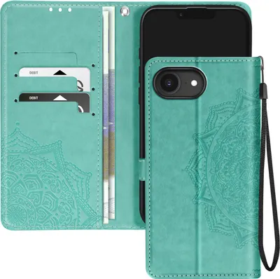Immagine prodotto di Avizar, Custodia per iPhone 16e con portafoglio e cinturino, verde, con fiore Mandala