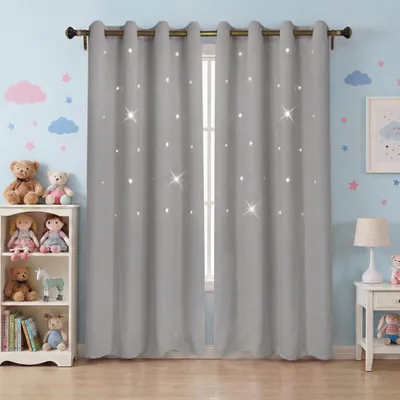Produktbild von Vorhang mit Ausgehöhlten Sterne, 1 Stück H160xB132cm Blickdicht Ösenvorhang Gardinen Ösenschal für Wohnzimmer Kinderzimmer Schlafzimmer, Grau
