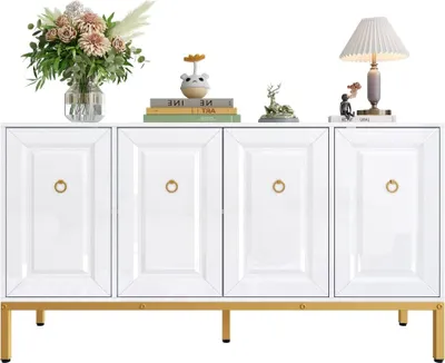Produktbild von AIORBER Sideboard, Hochglanz-Aufbewahrungselement, goldene Griffe und Beine, mit Regalen. 140×80×40cm