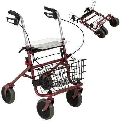 Image de Déambulateur pliable avec siège, 4 roues, réglable en hauteur, pour personnes âgées, couleur bordeaux