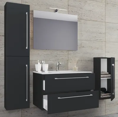 Produktbild von VCM 5-tlg. Set | 1 Waschtisch mit zwei Schubladen, 1 Spiegel, 1 Waschbecken, 1 Midischrank, 1 Hochschrank | Keramik Waschbecken | hängend Unterschrank 60 cm | Badmöbel Set Waschplatz – Badinos