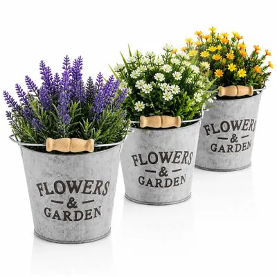 Produktbild von 3er Set Blumeneimer aus Metall mit Henkel Flowers & Garden Vintage Pflanztöpfe Übertopf für Blumen Kräuter Zimmerpflanzen Ø 18 cm Silber