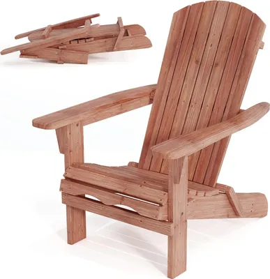 A wooden Adirondack chair is shown in two views: assembled and folded, against a white background.