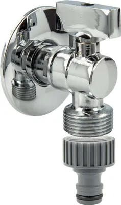 Produktbild von tecuro Mini-Winkelkugelhahn 1/2 Zoll x 3/4 Zoll inkl. Steckkupplung & Wandrosette, MS-verchromt