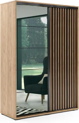 Produktbild von Liman Schiebeschrank mit Lamellen und Spiegel - Loft-Stil - 150 x 62 x 245 cm - Korpus Craft Gold, Fronten Schwarz