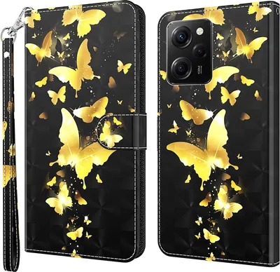 Produktbild von CLM-Tech Hülle kompatibel mit Xiaomi Redmi Note 12 Pro / Poco X5 Pro 5G - Tasche aus Kunstleder - Klapphülle mit Ständer und Kartenfächern, Schmetterlinge gold schwarz