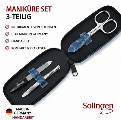 Produktbild von Maniküre Set Solingen 3-teilig mit Nagelschere, Pinzette & Saphirnagelfeile Germany Blau