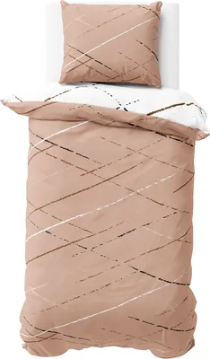 A bedding set, including a pillow and duvet cover, laid out on a white surface.