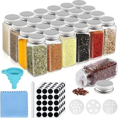 Produktbild von Famanu Kräuterpotset 24 Glasbehälter - mit Deckel und Etiketten - Kräuterbehälter mit Streuer und Trichter - Reinigungsbürste - Küchenkräuterbox -