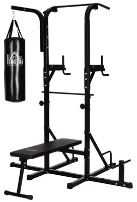 Immagine prodotto di Stazione multifunzionale per l'allenamento – Sbarra per trazioni – Panca per dip – Attrezzatura per palestra domestica – Include sacco da boxe