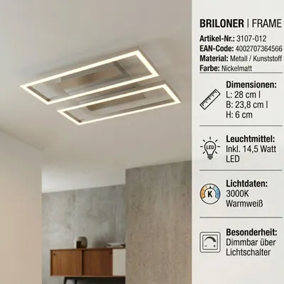 Produktbild von LED Deckenleuchte dimmbar 14,5W 1400 lm 3000 K 28x23,8x6 cm nickel/matt