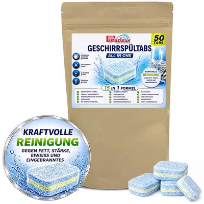 Produktbild von Pastaclean Spülmaschinentabs All in One 50 Stück – 15in1 Geschirrspültabs mit Enzymen gegen Fett & Eingetrocknetes, einzeln verpackt