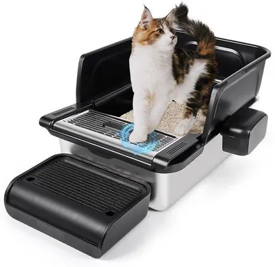 Produktbild von Großes, nicht-klevendes, geurloses Edelstahl-Katzenklo mit Filterpedal, Schepfunktion und Abfallsäcken in schwarz.