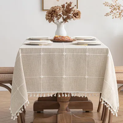 Produktbild von Tischdecke Leinenoptik Khaki Boho kariert 140x180cm Rechteckig Beige