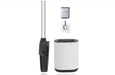 Produktbild von Silikon-toiletborstel mit WC-Halter und Wandhalter, langem Edelstahl-Griff und Lamellen-Schräuber – Toiletborstel-Set für Badezimmer und Gästetoilet (Weiß)