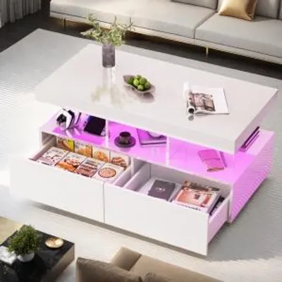 Immagine prodotto di Tavolino ProximaX LED, tavolo da soggiorno con ripiano, lucido, tavolino moderno, tavolino con 2 cassetti, 104 x 53 x 46 cm (bianco)