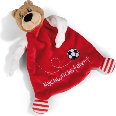 A plush teddy bear comforter with a red blanket, a soccer ball graphic, and text.