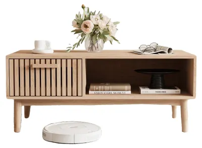 Immagine prodotto di Tavolino da salotto, struttura in rattan, ampio cassetto portaoggetti, colore legno naturale
