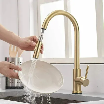 Produktbild von Linuode Küchenarmatur Gold, ausziehbar mit Brause, 360° schwenkbar, Einhebelmischer, Edelstahl SUS304, zeitgenössisch, Deckmontage, 1-Loch-Installation, DIY unter 20 Min.