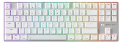 Zdjęcie produktu dla CHERRY MX 8.2 Pro TMR Wireless, Przewodowy i Bezprzewodowy, USB + RF Wireless + Bluetooth, Magnetic-mechanical key switch, QWERTY, RGB LED, Srebrny, Biały
