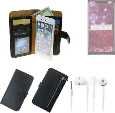 Produktbild von TOP SET Handy Hülle Schutz Hülle kompatibel mit Nokia 8.1  schwarz aus Kunstleder + Kopfhörer Smartphone Tasche vollwertige Geldbörse  K-S-Trade®