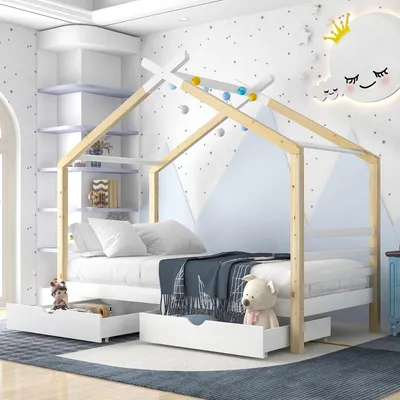 Image de OKWISH Lit Enfant Cabane 90x200 avec Tiroirs, Lit Montessori en Bois de Pin Massif et MDF, Design Scandinave pour Chambre Mixte - Blanc