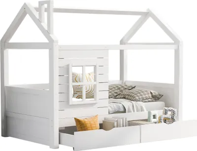 Immagine prodotto di Sweiko Letto a castello Letto per bambini Letto per ragazzi 90x200 con protezione anticaduta Versatile letto in legno per bambini e bambine, letto in legno massello con protezione anticaduta, finestra e rete a doghe, bianco