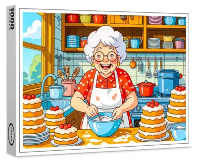 Produktbild von raxxa Premium-Puzzle "Grandmother Cooking Pancakes Illustration", 1000 Teile