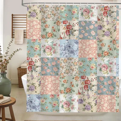 Produktbild von Boho-Duschvorhang im Landhausstil, 180 x 200 cm, Patchwork, Retro-Blumenmuster, Vintage-Frühlingsmotiv, Polyester, wasserdicht, maschinenwaschbar, mit 12 Ringen