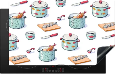 Produktbild von KitchenYeah© Herdabdeckplatte Muster - Kochen - Fisch - Pfanne , 85x52cm, Küche Deko, Glaskeramikkochfeld Herdabdeckung, Abdeckplatte fùr Kochfeld