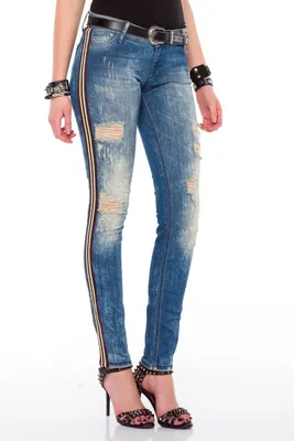 Immagine prodotto di WD369: Jeans da donna con inserti laterali a righe e effetto slavato