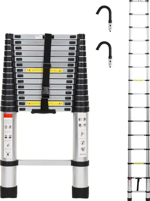 Produktbild von Faziango Premium Alu Teleskopleiter Ausziehleiter Klappleiter Höhe 4,4M Silber Antirutsch Mehrzweckleiter mit Abnehmbaren Haken