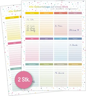Produktbild von Geburtstagskalender immerwährend - 2er Set in DIN A4 | Modernes Dots Design | Geburtstagskalender Jahresunabhängig