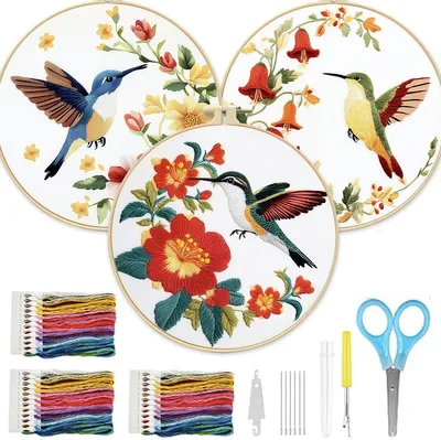 Produktbild von Bordürset Blumen & Vogel – DIY Stickset für Anfänger & Erwachsene, 3 Stück
