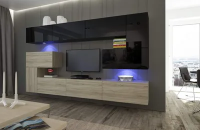 Immagine prodotto di Furnitech Parete attrezzata soggiorno - Mobili da soggiorno con LED RGB - 16 colori - Parete attrezzata moderna - Parete attrezzata soggiorno con mensole e mobile TV (Albania AN3-17BS-HGM30 1B)