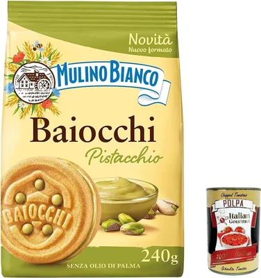 Produktbild von 12x Mulino Bianco Baiocchi Pistacchio,Kekse mit Pistazien und Mürbeteig, ideal zum Frühstück oderSnack, ohne Palmöl 240g + Italian Gourmet Polpa di Pomodoro 400g Dose