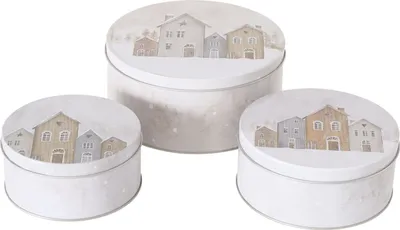 Produktbild von 3tlg Set Gebäckdose Houses rund Ø13,5-20cm aus Metall Plätzchenbox Weihnachtskekse