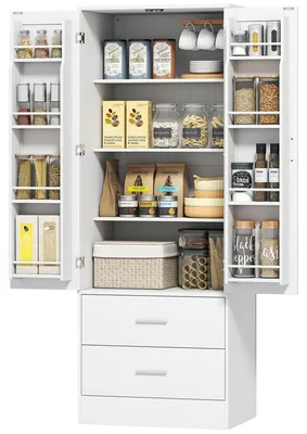 Zdjęcie produktu dla Komoda, szafka do serwowania, szafka kuchenna z szufladami, wysoka szafka z drzwiczkami, kolor biały | płyta wiórowa MDF | 60 x 40 x 159 cm