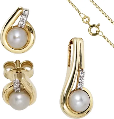 Produktbild von JOBO Schmuck-Set 333 Gold Gelbgold Perlen Zirkonia Ohrringe und Kette 42 cm
