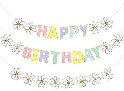 Immagine prodotto di Ghirlanda di compleanno "Buon Compleanno" con decorazioni a margherite, ideale per bambini, bambine, con colori pastello e arcobaleno, realizzata in cartone