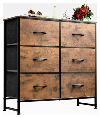 Produktbild von Kommode mit 6 Schubladen aus Stoff, Kommodenschrank für Schlafzimmer und Wohnzimmer, stabiler Stahlrahmen, Holzplatte, Vintagebraun-Schwarz