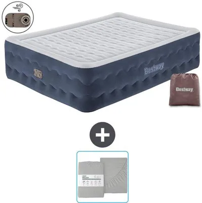 Zdjęcie produktu dla Materac dmuchany dla dwóch osób – 152 x 203 x 51 cm – niebieski – w zestawie z pompką i pościelą