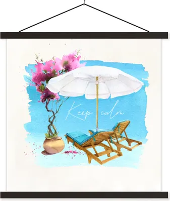 Produktbild von MuchoWow® Textilposter Strandkorb - Sonnenschirm - Blumen - Zeichnung 40x40 cm mit schwarzem Rahmen - Fotos