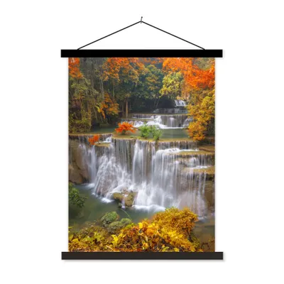 Produktbild von MuchoWow® Textilposter Bäume - Wasserfall - Herbst 90x120 cm mit schwarzem Rahmen - Dekoration