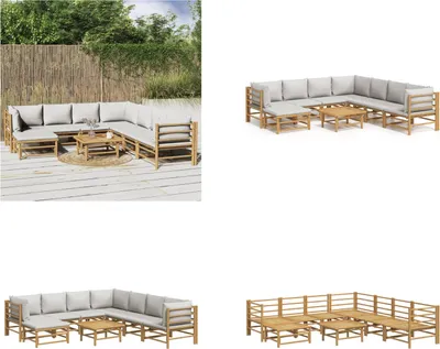 Produktbild von vidaXL 9 tlg. Garten Lounge Set mit Kissen Hellgrau Bambus - Garten Lounge Set - Garten Lounge Sets - Lounge Set - Gartenmöbel Set