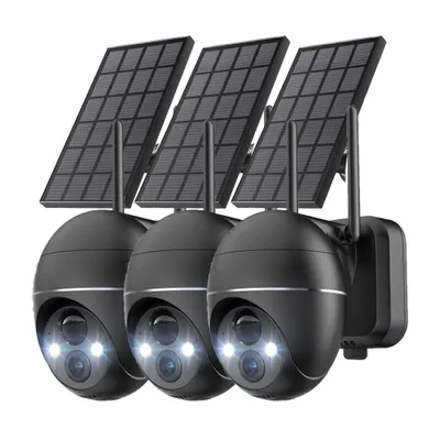 Image de 3 pièces 2K 5MP solaire caméra de surveillance extérieure Wi-Fi 360°PTZ pivotant caméra extérieure batterie 30M vision nocturne couleur PIR détection de mouvement Compatible Alexa