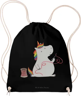 Produktbild von Mr. & Mrs. Panda Jutebeutel Einhorn Näherin - Schwarz - Geschenk, Stoffbeutel, Einhörner, Unicorn, sporttasche klein, Stoffrucksack, Stricken, wander rucksack, gym, Nähen