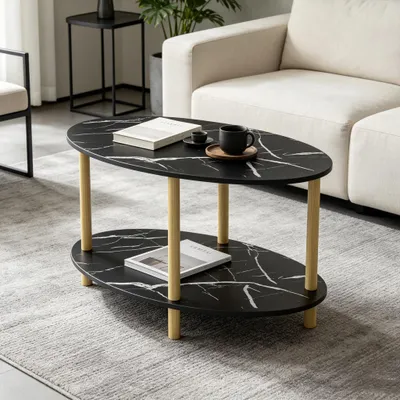 Produktbild von 2-Tier Couchtisch oval aus Holz,Moderner Beistelltisch Kaffeetische Mitteltisch für Wohnzimmer Schlafzimmer 70x40x43cm Schwarz